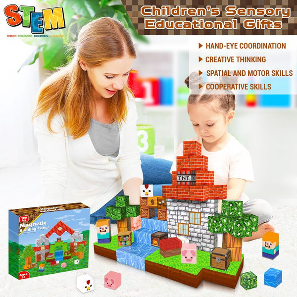 100Piece Magnetic Building Blocks Set STEM Montessori Creative Tiles - detail - lifestyle - front