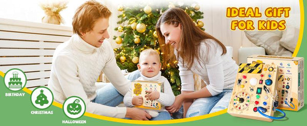 Montessori Busy Board with Lights Switches STEM Sensory Toy for Toddlers - lifestyle - front