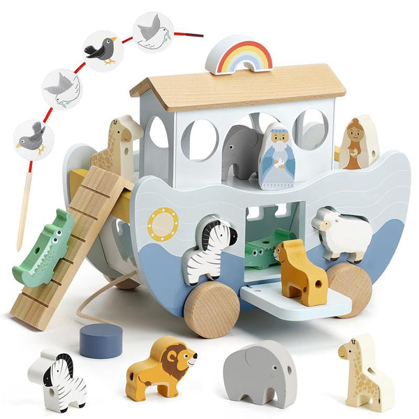 Wooden Noahs Ark Animal Toy Set Montessori Sorting Storytelling Play for Kids - detail - detail