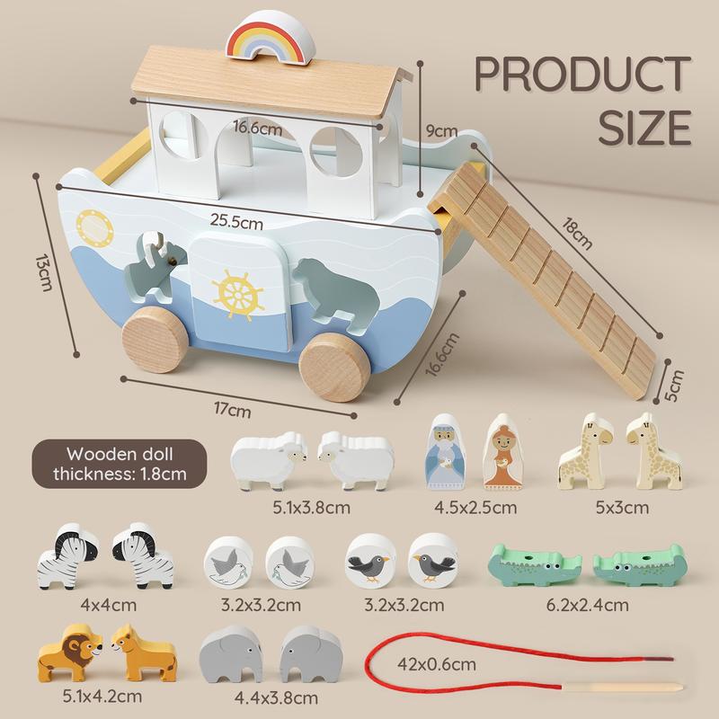 Wooden Noahs Ark Animal Toy Set Montessori Sorting Storytelling Play for Kids - detail - detail