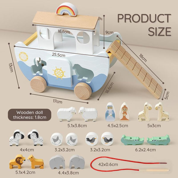 Wooden Noahs Ark Animal Toy Set Montessori Sorting Storytelling Play for Kids - detail - detail