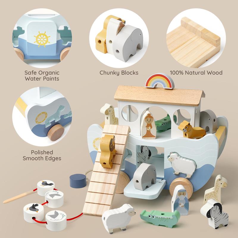 Wooden Noahs Ark Animal Toy Set Montessori Sorting Storytelling Play for Kids - detail - detail