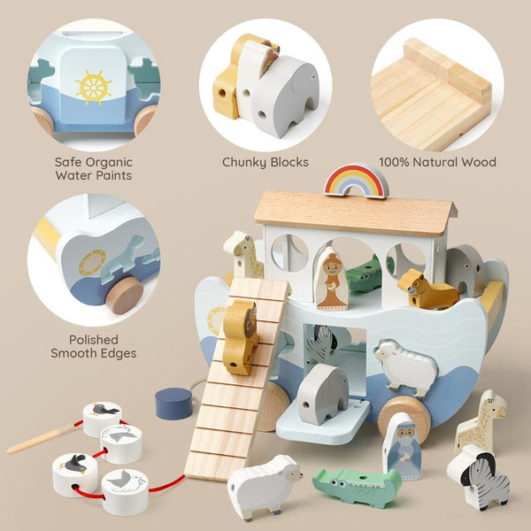 Wooden Noahs Ark Animal Toy Set Montessori Sorting Storytelling Play for Kids - detail - detail