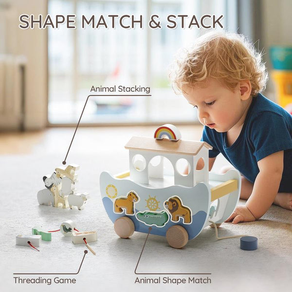 Wooden Noahs Ark Animal Toy Set Montessori Sorting Storytelling Play for Kids - lifestyle - side