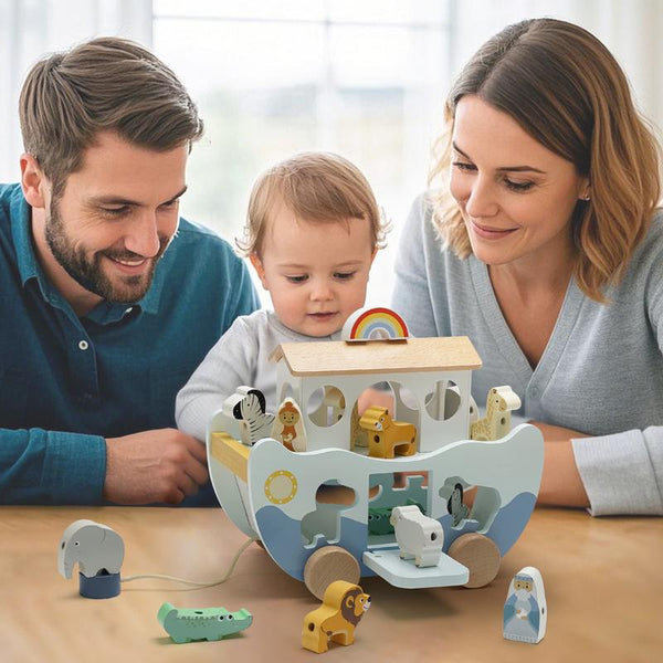 Wooden Noahs Ark Animal Toy Set Montessori Sorting Storytelling Play for Kids - lifestyle - front