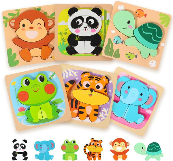 Wooden Animal Shape Puzzles 6-Pack Montessori Toys for Toddlers - primary - cover