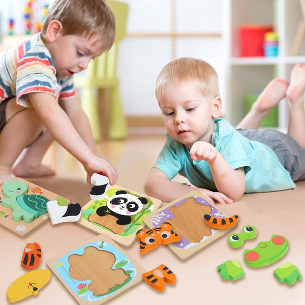 Wooden Animal Shape Puzzles 6-Pack Montessori Toys for Toddlers - lifestyle - front