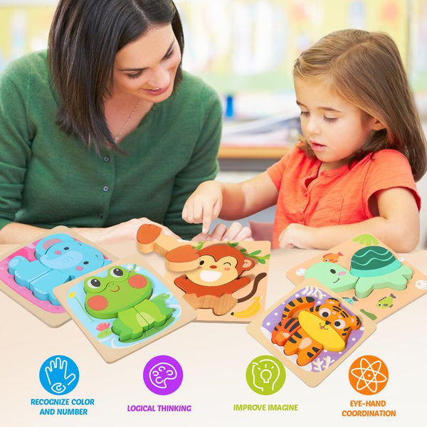 Wooden Animal Shape Puzzles 6-Pack Montessori Toys for Toddlers - lifestyle - angle
