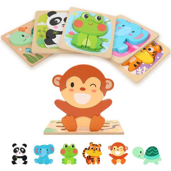 Wooden Animal Shape Puzzles 6-Pack Montessori Toys for Toddlers - primary - cover