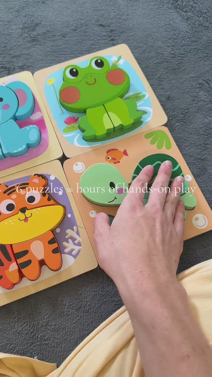 Wooden Animal Shape Puzzles – 6-Pack Montessori Toys for Toddlers